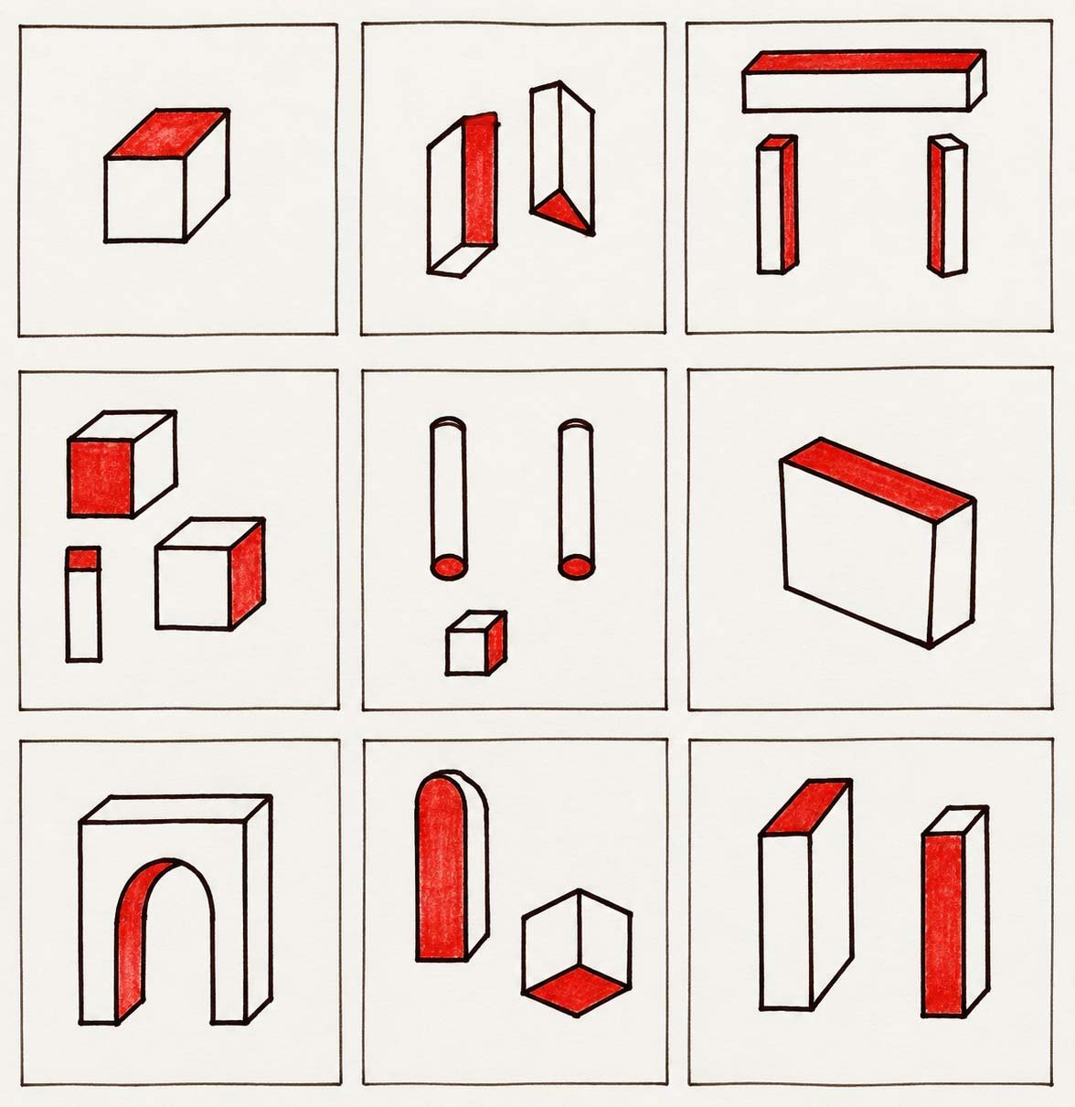 Hand-drawn red and black geometric forms