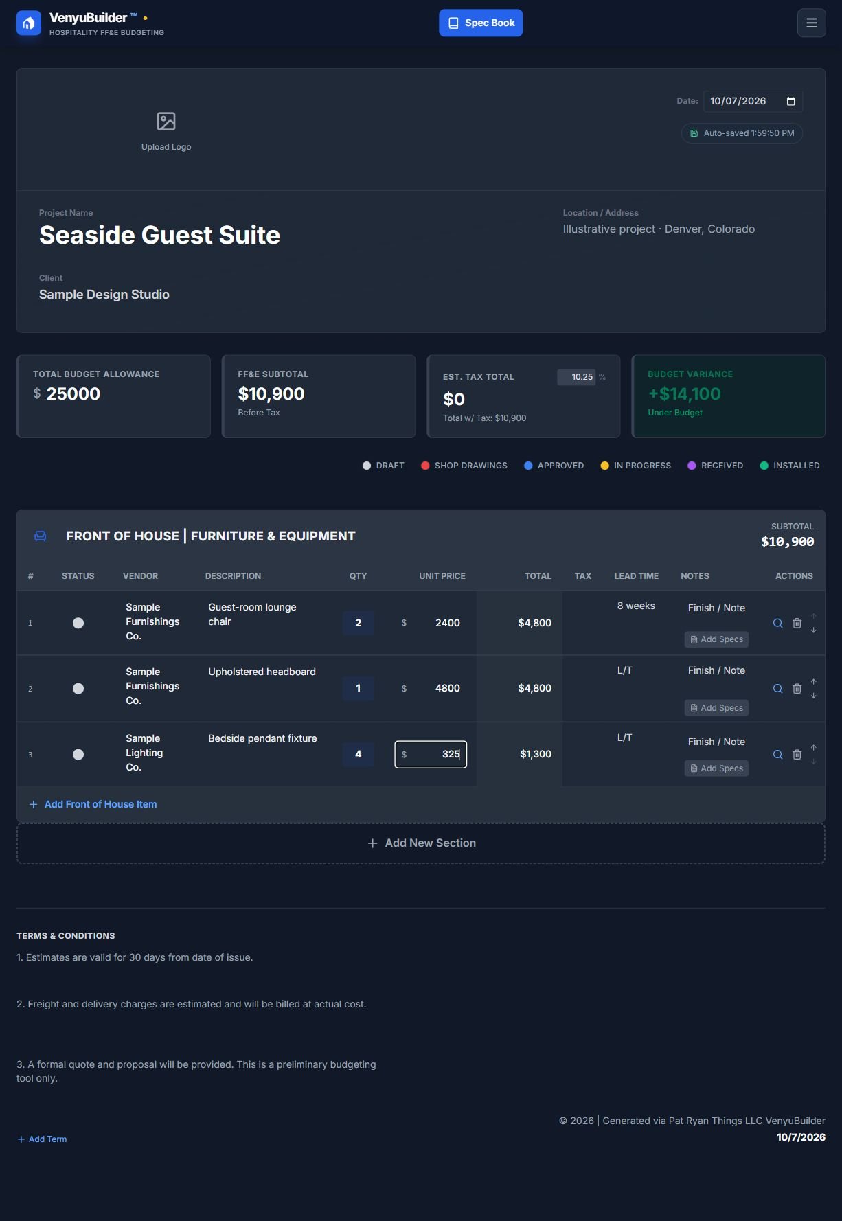 VenyuBuilder budget for a fictional guest suite, showing item costs and budget totals