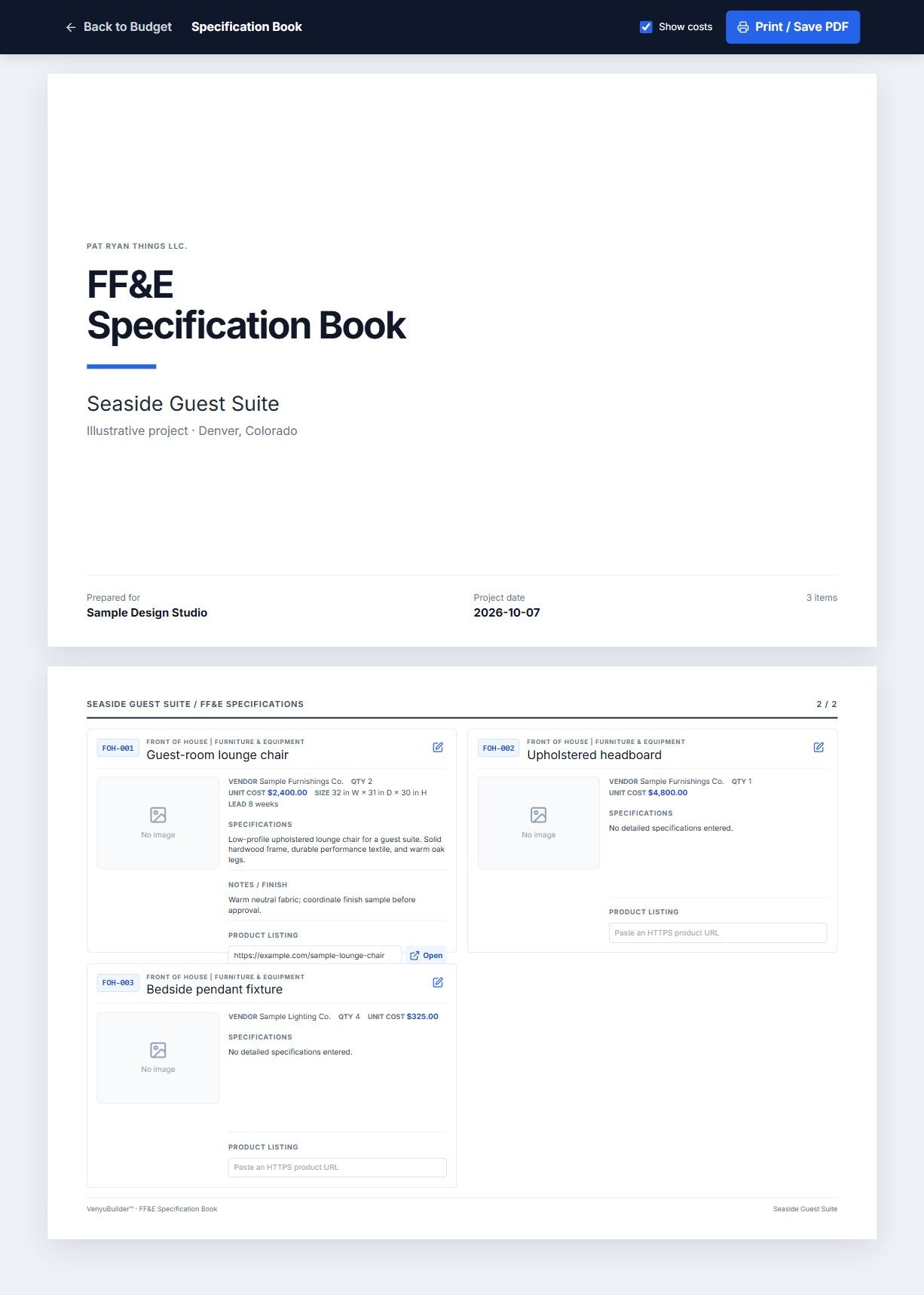 Sample Spec Book showing item costs