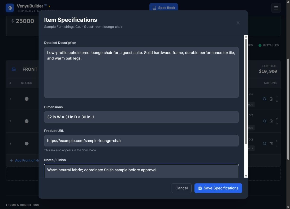 Item specification editor with sample description, dimensions, link, and finish notes